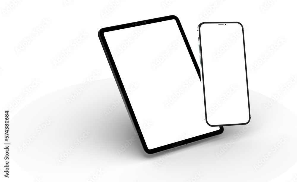 Poster blank screen realistic tablet frame, rotated position, side view, top view. the tablet is at differe