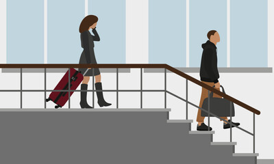A female character with a suitcase on wheels and a male character with a bag descend the stairs