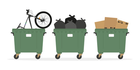 Three trash cans, one with a bike, one with trash bags, and one with cardboard boxes
