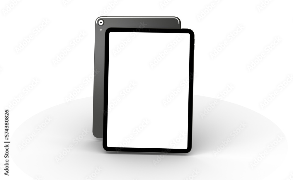 Poster blank screen realistic tablet frame, rotated position, side view, top view. the tablet is at differe
