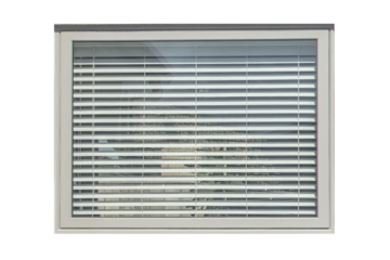 Cutout of an isolated  modern grey window with a blind taken from outside  with the transparent png