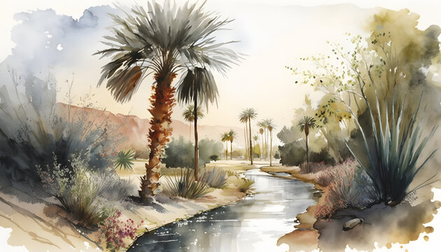 Watercolor Painting of Arabic Palm Trees, Rivers, and Flowers, The Beauty of the Rural Arabian Landscape, Generative AI