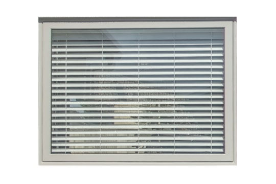 Cutout of an isolated  modern grey window with a blind taken from outside  with the transparent png