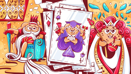 Concept art of playing cards in cartoon style, queen, king, ace.