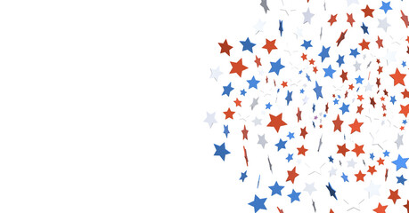 Red white blue shiny confetti stars on white background, isolate, tricolor concept,