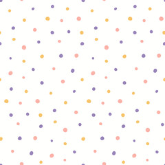 Small dots simple seamless geometric pattern, violet, pink, yellow, white background. Hand drawn vector illustration. Childish texture. Design concept for kid fashion print, textile, fabric, wallpaper