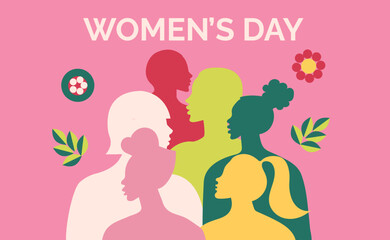A poster with a variety of female silhouettes of different ethnicity. A model for the women's empowerment movement. Graphic of International Women's Day in vector.