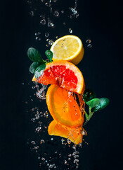 levitation of citrus fruits lemon orange and grapefruit in splashes of water on a black background