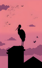 Stork standing on the chimney of a house, pink background