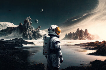 Astronaut standing alone and leaves planet earth. Generative AI.