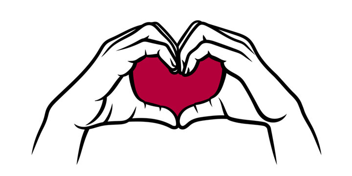 Illustration of Hands making Sign of Heart. Red heart. Vector Illustration. Ink Style Lines and Fill.