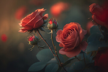 Red roses on a blurry background. Garden flowers background. Generative AI.