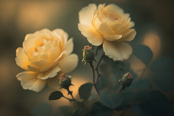 Yellow roses on a green background. Flowers on a blurry background. Generative AI.