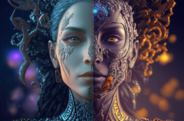 Goddess of Good and Evil. Generative AI, non-existent person.