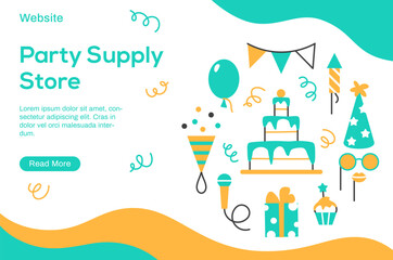 Obraz premium Event service website template with text space and button. Abstract Birthday party carnival festival celebration banner internet page with color flat line minimal elements vector illustration.