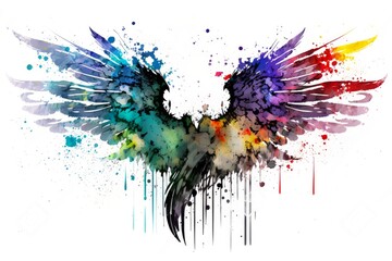 Watercolor Illustration of Grunge Style Bird Or Angel Wings With Paint and Ink Splatters And Drips in Various Colors, Isolated On White Background. Made in Part with Generative AI
