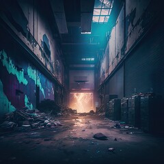 Cyber punk room, warehouse, building futuristic