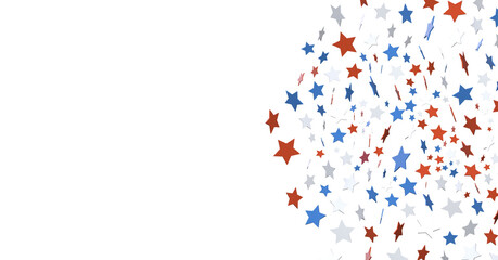 Red white blue shiny confetti stars on white background, isolate, tricolor concept,