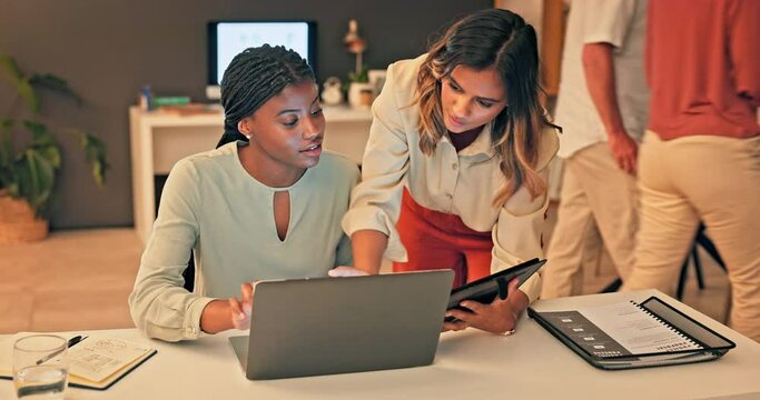 Office tablet, laptop and diversity team review of social media feedback, customer experience or ecommerce. Brand monitoring data, teamwork collaboration or women talking about online survey analysis