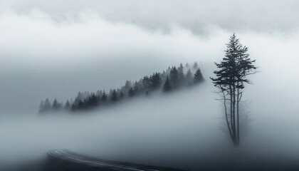 Fototapeta na wymiar Foggy and minimalist landscape and background with grey color, beautiful park atmosphere, foggy morning in the forest, ai generated