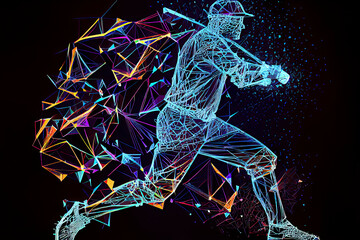 Abstract baseball player from particles, lines and triangles on blue background. All elements on a separate layers