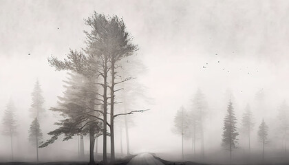 Fototapeta na wymiar Foggy and minimalist landscape and background with grey color, beautiful park atmosphere, foggy morning in the forest, ai generated