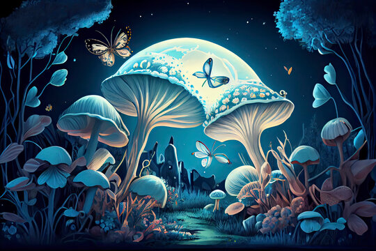 fantastic wonderland landscape with mushrooms, lilies flowers, morpho butterflies and moon