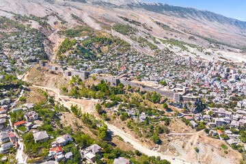 Gjirokaster Castle. External wall. Gyrocaster. Albania. View of the fortress from above. View of the city from above. Drone shooting