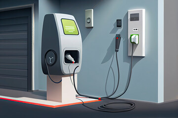 Electric car charging in underground garage plugged at home charger station. Battery EV vehicle standing parking