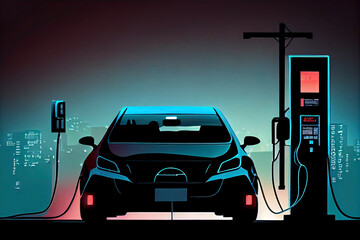 Fototapeta na wymiar EV Electric car silhouette with low battery charging at electric charge station