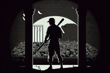 Silhouette, the image of a baseball player with a bat on the background of the stadium