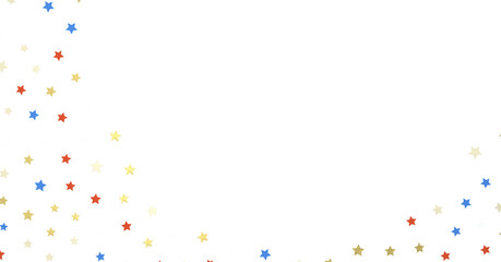 White banner with colorful stars.