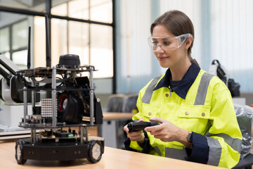 Female engineer control AI Robot and Artificial Intelligence of Things service robot in the manufacturing automation and robotics class room © amorn
