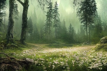 Spring wild forest landscape illustration. Generative AI - obrazy, fototapety, plakaty