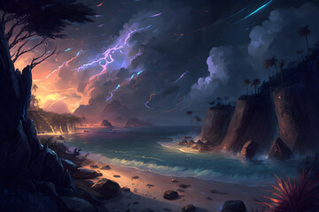 Night Vast landscape, Award-winning concept art, a highly detailed beach landscape with huge waves, water spouts and rocky sandy beaches, storm clouds, lightning malachite forest, Generative AI © Ameer