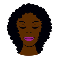 Głowa ciemnoskórej dziewczyny z zamkniętymi oczami. Portret ładnej kobiety, twarz Afroamerykanki z pomalowanymi ustami. Brązowa skóra, czarne loki - obrazy, fototapety, plakaty
