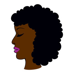 Portret kobiety o ciemnej skórze. Profil twarzy z zamkniętymi oczami. Twarz ładnej czarnoskórej dziewczyny. Rysunek, ilustracja wektorowa. Fryzura afro, pomalowane usta.