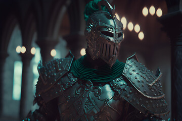 a knight in Malachite armoured, high quality, photo realistic, hyper realistic, intricate detail, cinematic composition, volumetric lighting, 8k, generative AI