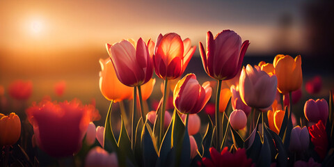 Field of colorful tulips red field spring , AI Generated - obrazy, fototapety, plakaty