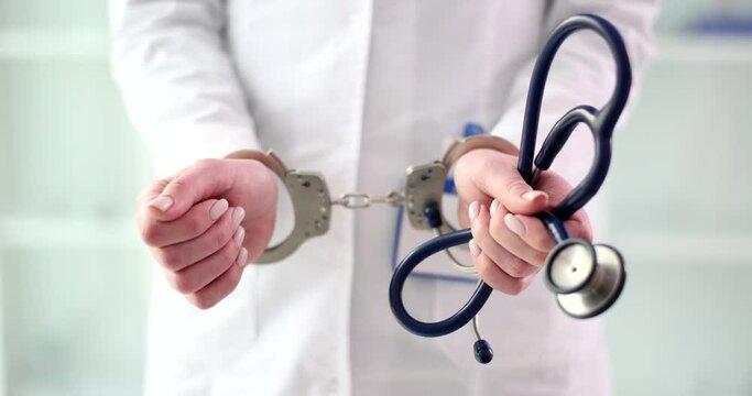 Female doctor or nurse in handcuffs and lab coat holds stethoscope