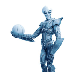 mega alien is holding a basketball ball