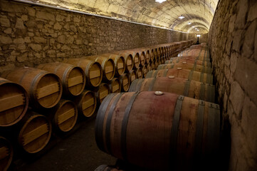 Old french oak wooden barrels in cellars for wine aging process, wine making in La Rioja region, Spain