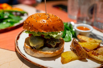 Organic vegetarian burger with plant based falafel balls, vegan cheese, green lettuce and baked potatoes