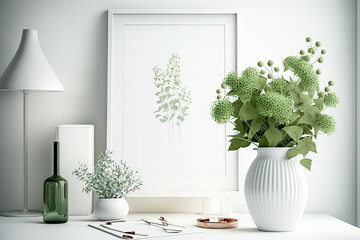 White frame mockup with green flowers in a wooden desk table. Scandinavian style decoration, simple and basic setting. Mockup for displaying photos, images, artwork, printed materials. Generative AI.