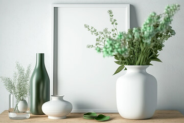 White frame mockup with green flowers in a wooden desk table. Scandinavian style decoration, simple and basic setting. Mockup for displaying photos, artwork, printed materials. Generative AI.