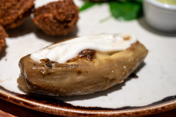 Healthy vegetarian food, vegan falafel balls served with grilles baked eggplant and grilled avocado