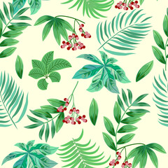 Seamless pattern with red berries and tropical leaves of palm tree. Botany vector background