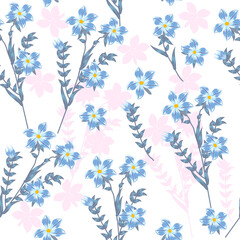 Fototapeta na wymiar Seamless pattern with abstract flowers in blue colors, vector background, plants, botanical design for fashion, fabric