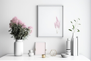White frame mockup with pink flowers in a wooden desk table. Scandinavian style decoration, simple and basic setting. Mockup for displaying photos, images, artwork, printed materials. Generative AI.