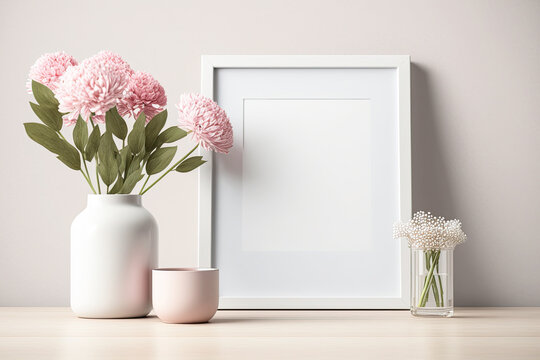 White frame mockup with pink flowers in a wooden desk table. Scandinavian style decoration, simple and basic setting. Mockup for displaying photos, images, artwork, printed materials. Generative AI.
